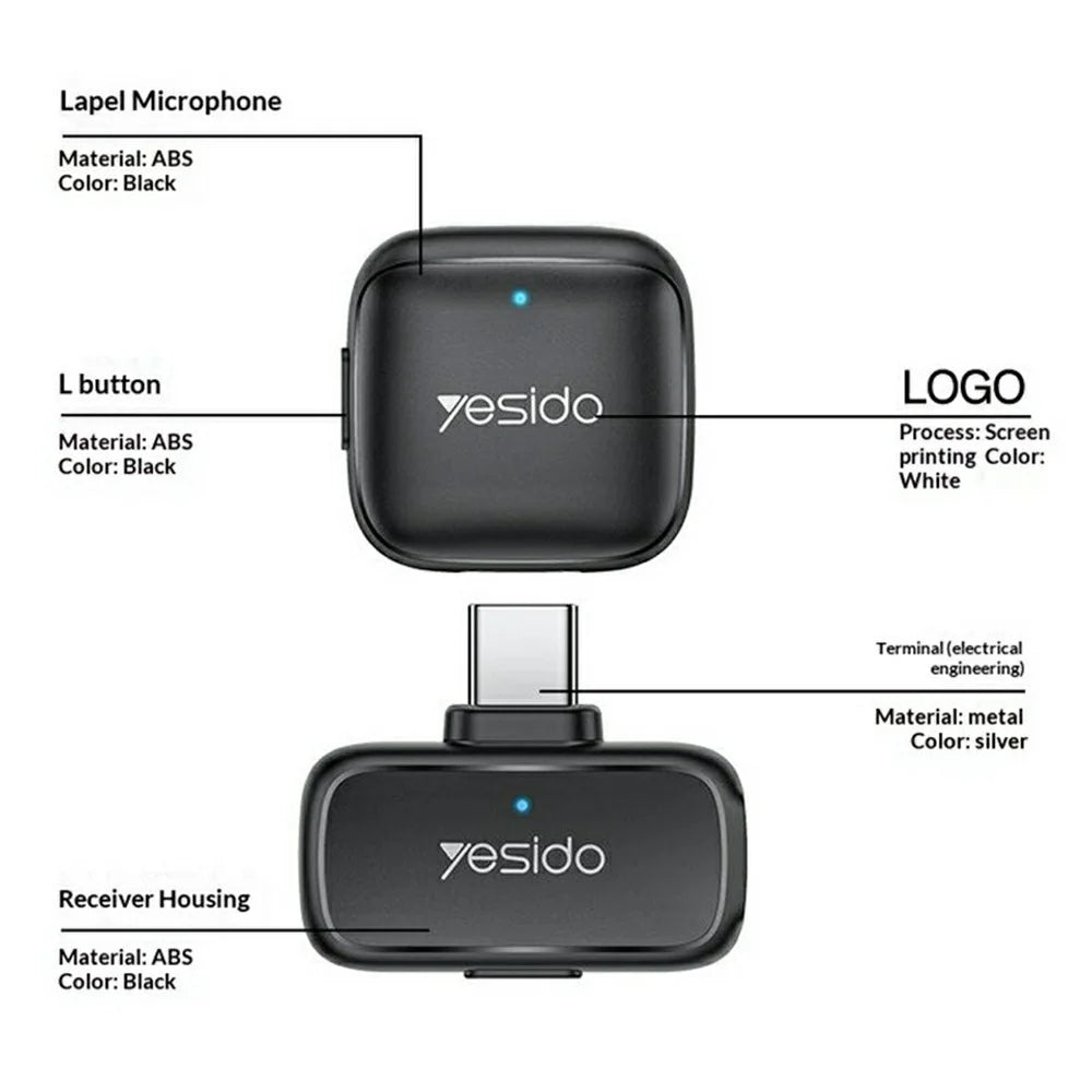 YESIDO KR27 Type-C Plug Dual Mode 2.4GHz Wireless Lavalier Microphone, 1 Transmitter + 1 Receiver - Black - 6