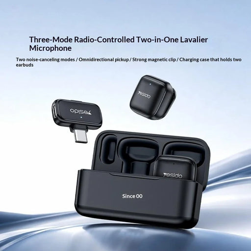 YESIDO KR31 Type-C Plug 2.4GHz Wireless Lavalier Microphone AI Noise Cancellation with Charging Case, 2 Transmitters + 1 Receiver - Black - 2