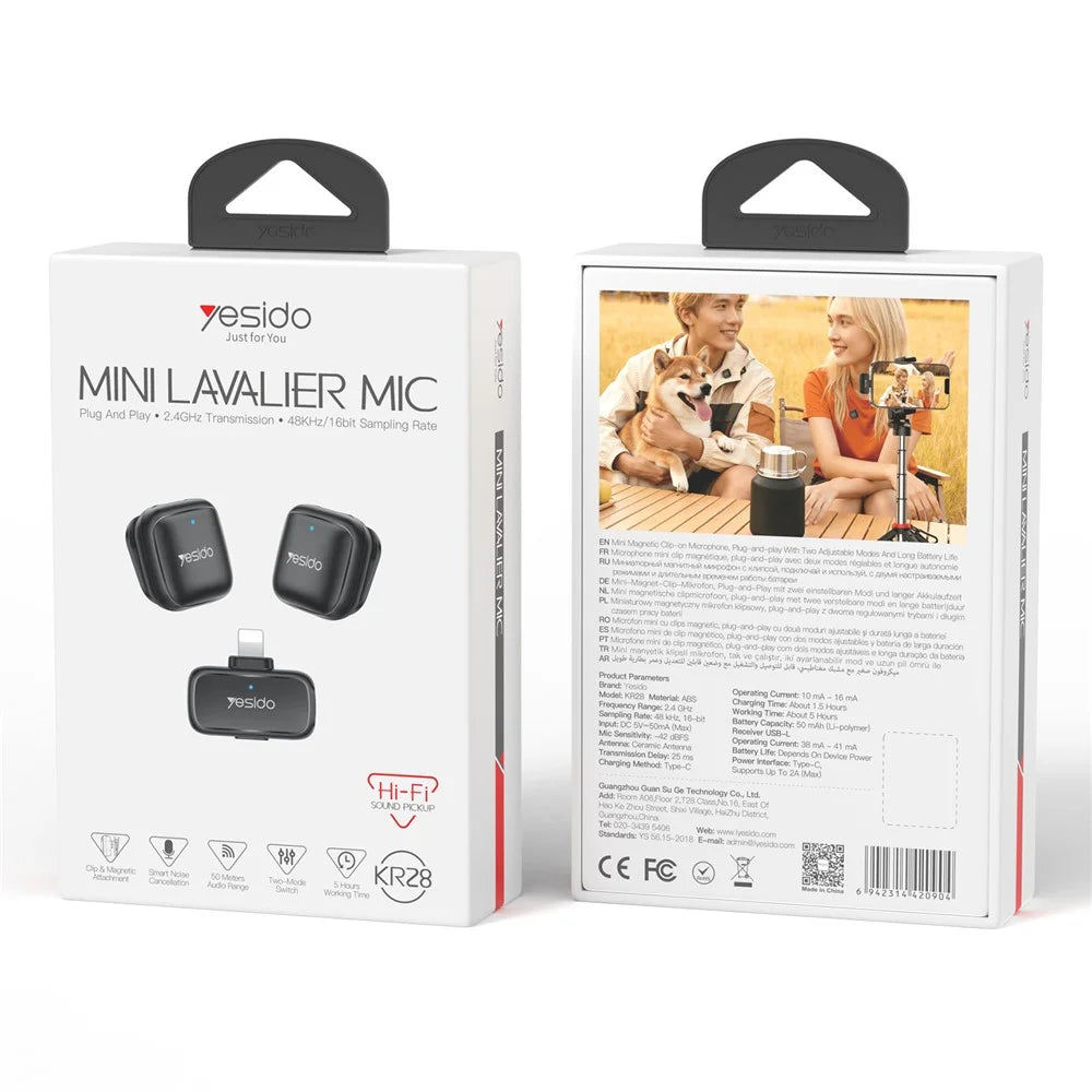 YESIDO KR28 iP Plug 2.4GHz Wireless Lavalier Microphone Dual Transmitter Plug and Play Clip-on Mic - Black - 7