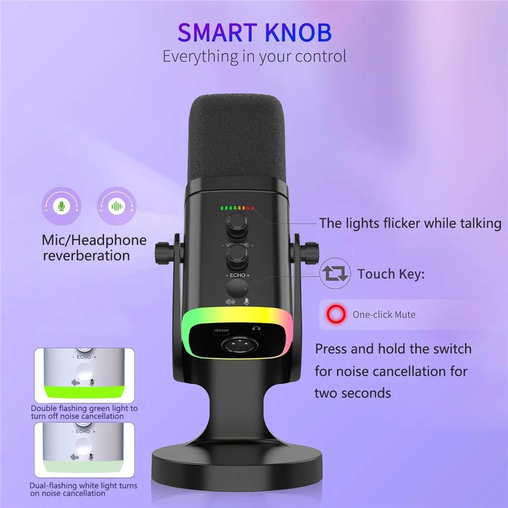 USB Dynamic Microphone Noise Canceling RGB for Recording Gaming Live Streaming Karaoke - Black - 4