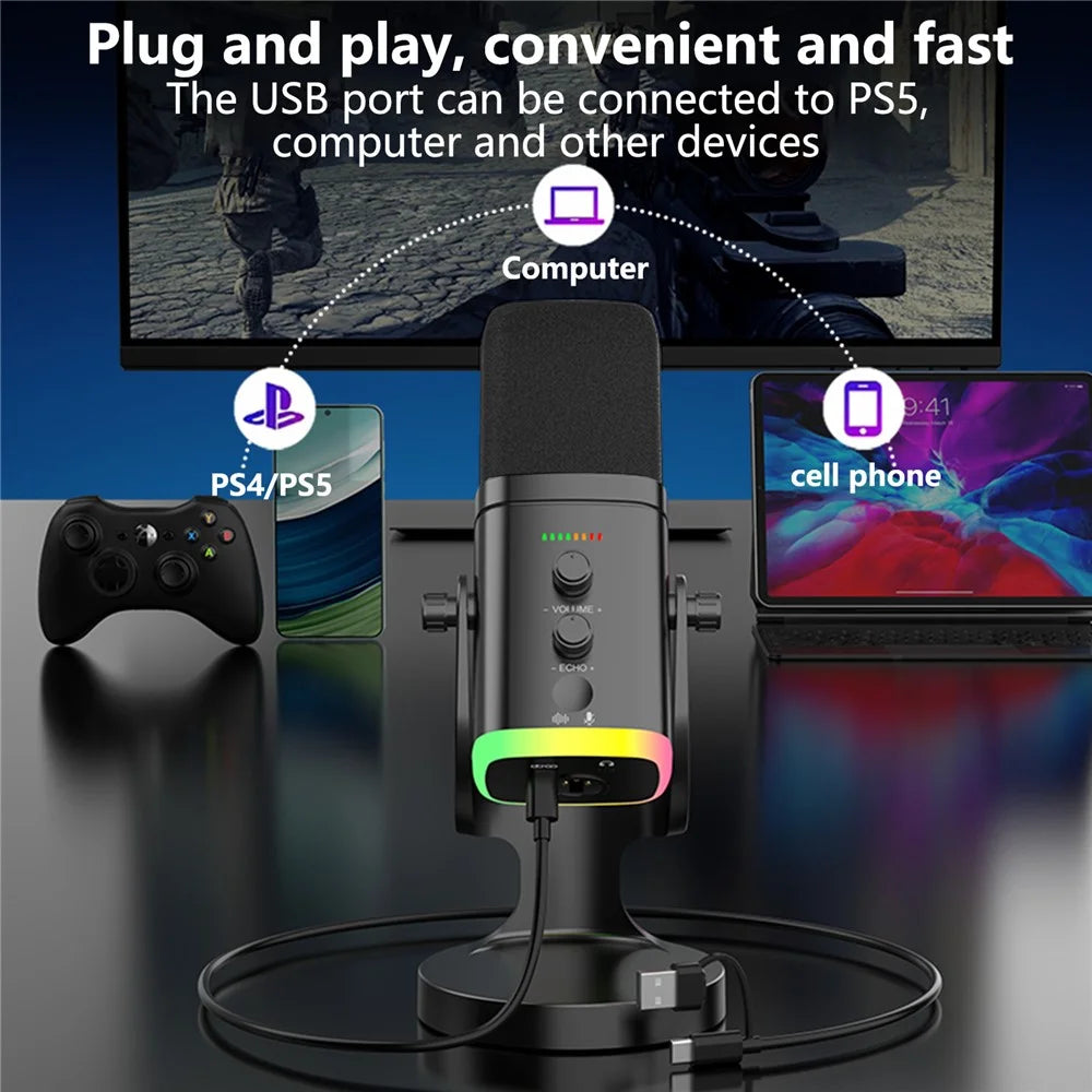 USB Dynamic Microphone Noise Canceling RGB for Recording Gaming Live Streaming Karaoke - Black - 7