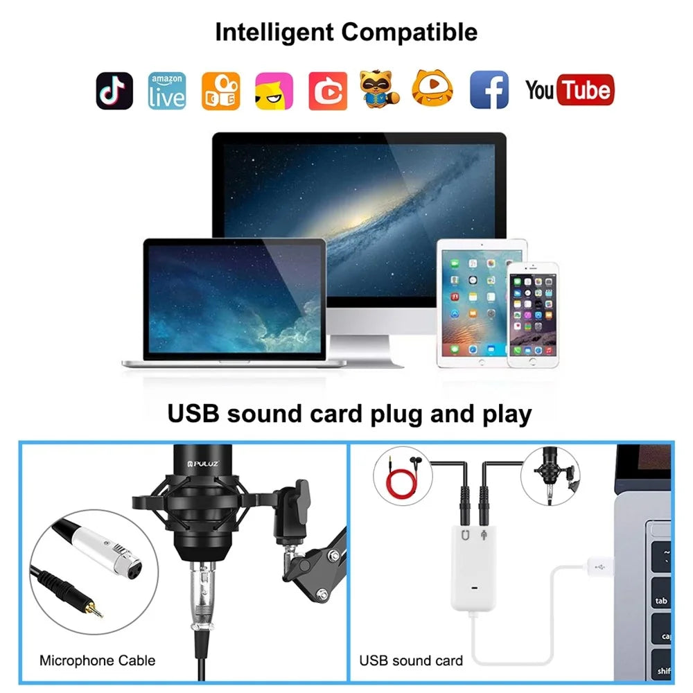 PULUZ Podcast Microphone USB Sound Card Kit Professional Studio Live Sound Mixer with Long Arm for Streaming/Gaming/Recording/Singing/Tiktok/YouTube/PC/Computer - Black - 5