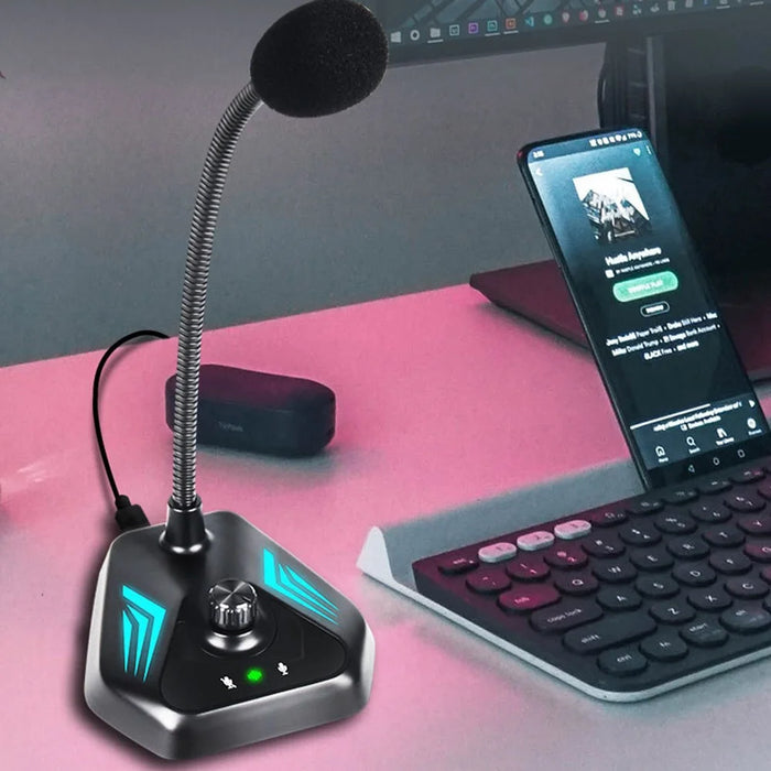 JIY Flexible Wired Gooseneck Microphone Laptop Desktop Condenser Microphone with 3.5mm Interface for Conference Gaming Live-stream Voice Recording (USB Version, with RGB Breathing Light) - 3