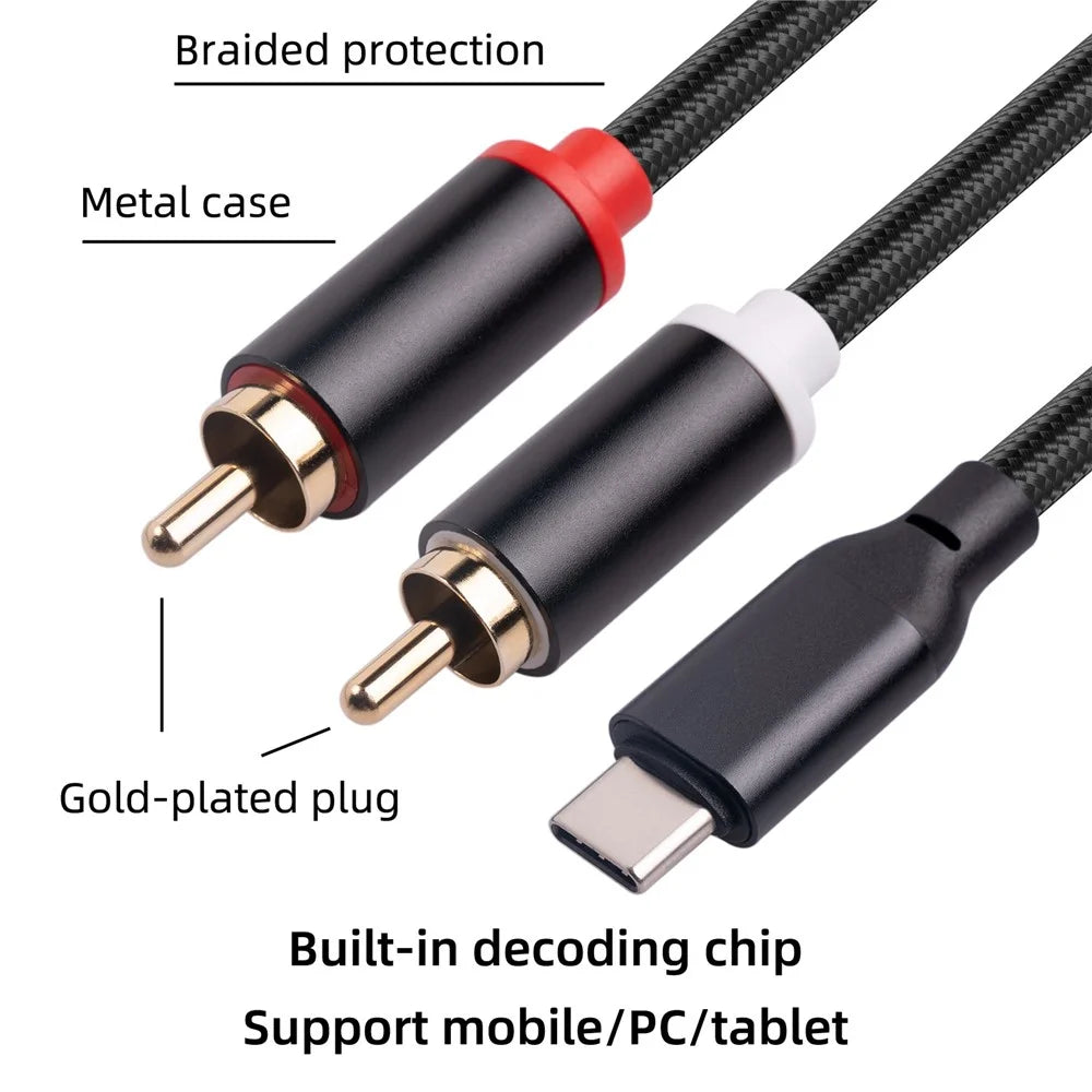 1m USB C to RCA Audio Cable Type-C to 2 RCA Cable for iPhone Sumsung Xiaomi Speaker Home Theater TV (Built-in DAC Chip) - 5