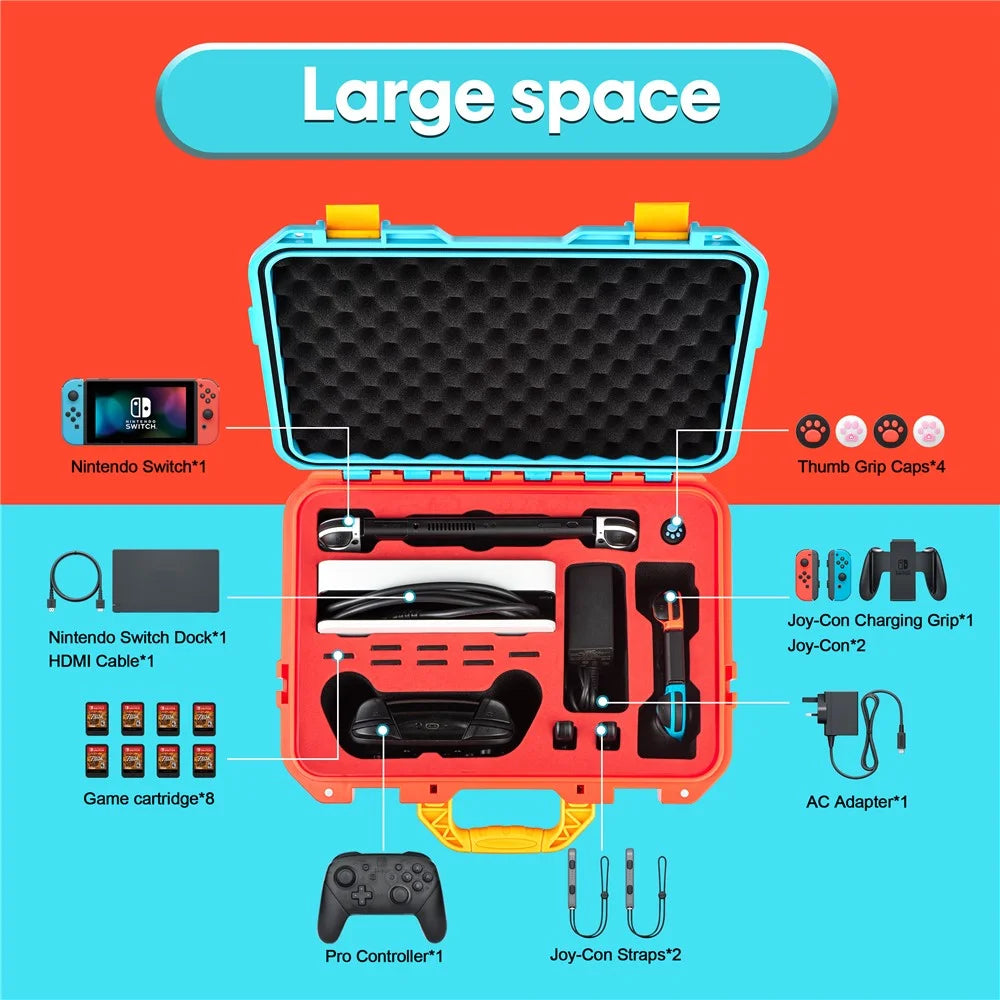 DEVASO For Nintendo Switch Travel Box Waterproof Carrying Case Soft Lining Hard Case, Color Splicing - Orange+Blue - 2