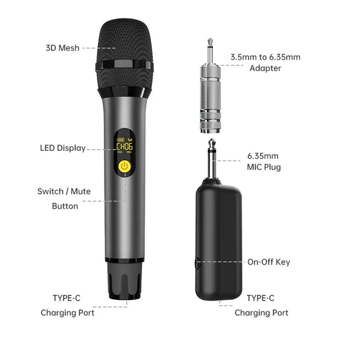 H21H Home Karaoke UHF Wireless Hand-Held Microphone, 2 Mic + 1 Receiver - Grey - 2