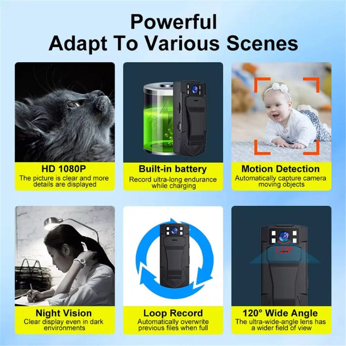 MD33 Mini Body Camera Back Clip Bodycam Outdoor Sports Video Recorder with Night Vision, Wide Angle - 6