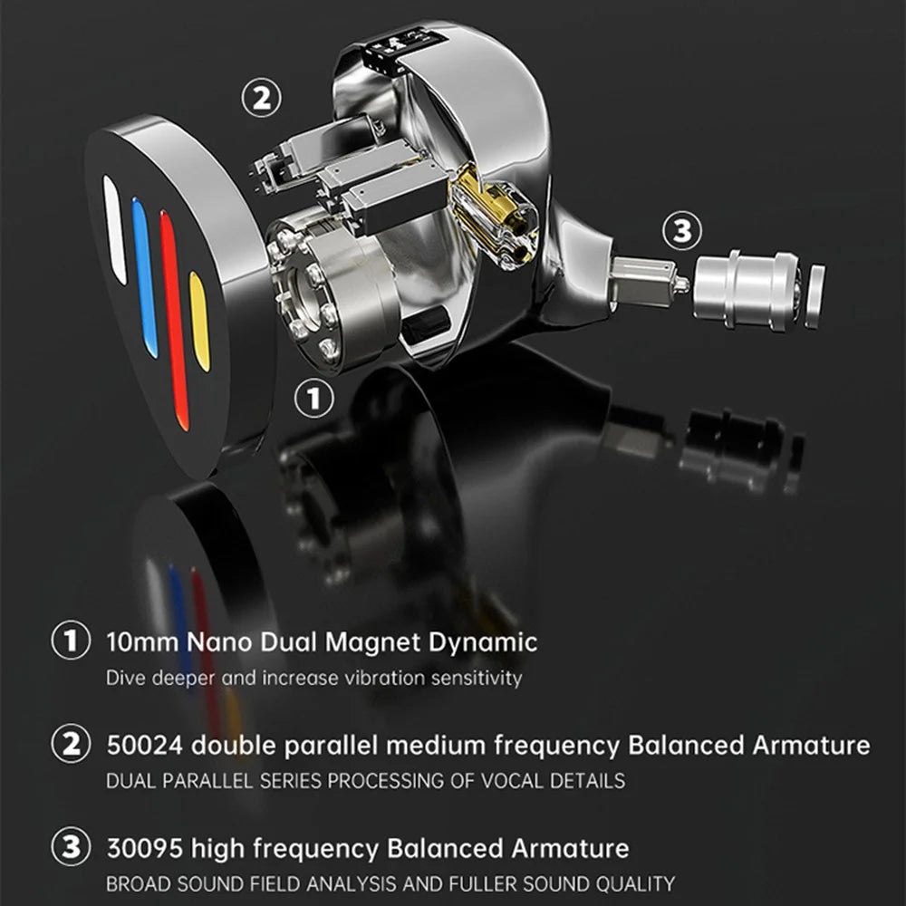 ND X12 Wired Earphones 10mm Dynamic Driver +5BA HiFi In-Ear Headphones with Detachable Cable, No Mic - Silver - 3