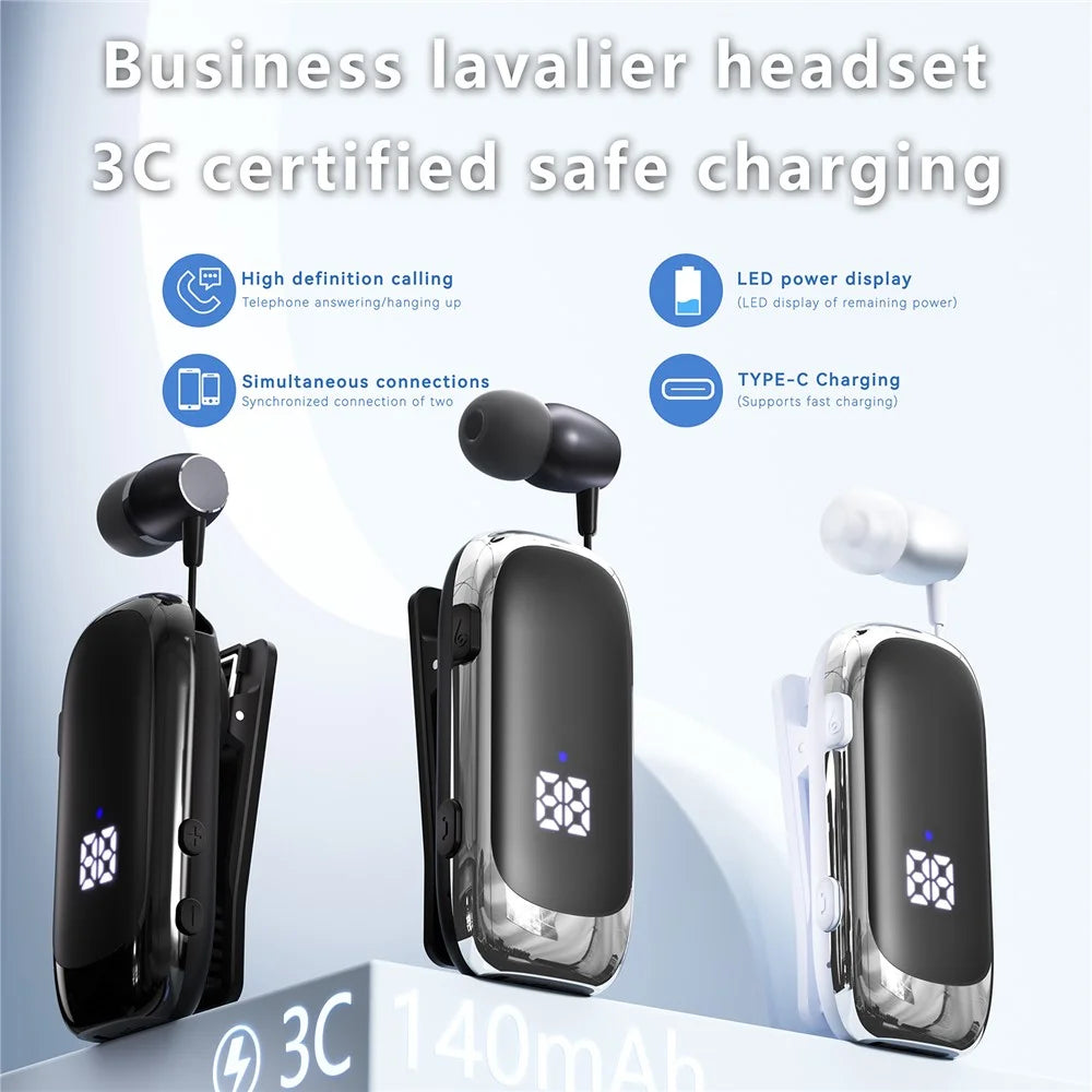 K88 Business Lavalier Headphones Retractable Sports Bluetooth-compatible Earphones with LED Display - Black - 3
