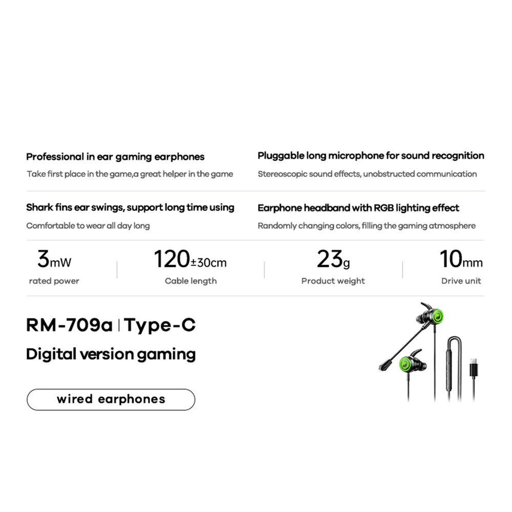 REMAX RM-709a Type-C Digital Gaming Wired Earphones In-Ear Headset with Detachable Mic  /  RGB Lighting - 3
