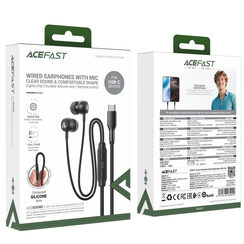 ACEFAST L8 For USB-C Devices In-Ear Wired Earphones With Mic Silicone Cable Tangle Free Headphones - Black - 6