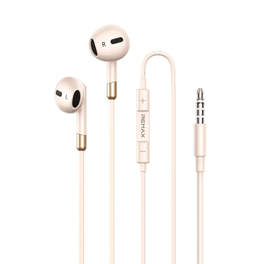 REMAX RM-05 3.5mm Semi In-Ear Wired Earphones Metal Construction 1200mm Cord Headset Built-in Microphone - Apricot - 1