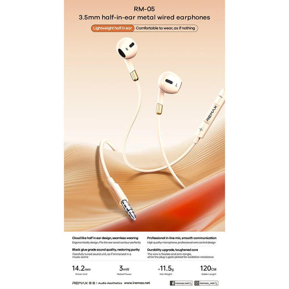 REMAX RM-05 3.5mm Semi In-Ear Wired Earphones Metal Construction 1200mm Cord Headset Built-in Microphone - Apricot - 2