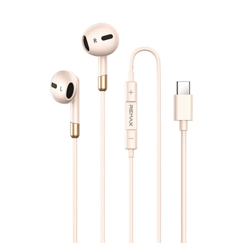 REMAX RM-05a Type-C Semi In-Ear Wired Earphones Metal Construction 1200mm Cord Headset Built-in Microphone - Apricot - 1