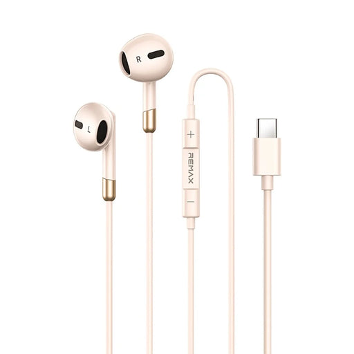 REMAX RM-05a Type-C Semi In-Ear Wired Earphones Metal Construction 1200mm Cord Headset Built-in Microphone - Apricot - 1
