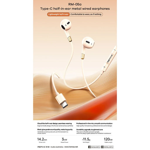 REMAX RM-05a Type-C Semi In-Ear Wired Earphones Metal Construction 1200mm Cord Headset Built-in Microphone - Apricot - 2