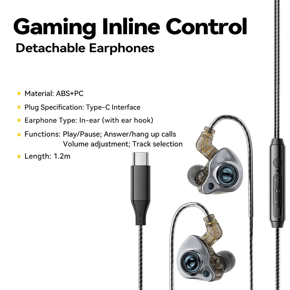 ESSAGER Type C Detachable Wired Earphones In-Ear Gaming Headphones Built-in Microphone, 1.2m - Black - 5