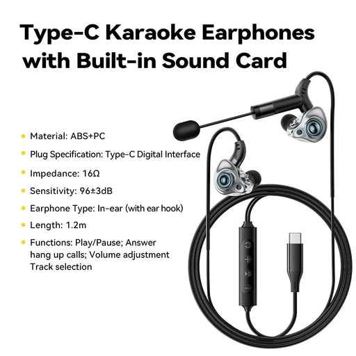 ESSAGER Type-C Karaoke Earphones with Built-in Sound Card Real Time Monitoring In-ear Headphones - Black - 2