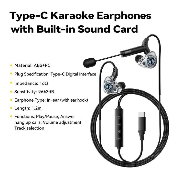 ESSAGER Type-C Karaoke Earphones with Built-in Sound Card Real Time Monitoring In-ear Headphones - Black - 2