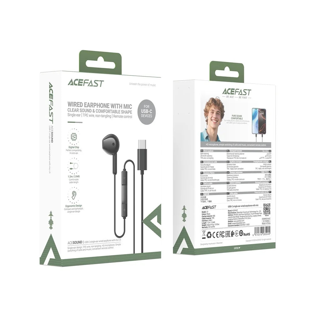 ACEFAST L9 USB-C Wired Earphones Single Ear with Mic In-Line Controls for Smartphones / Tablets - Black - 5