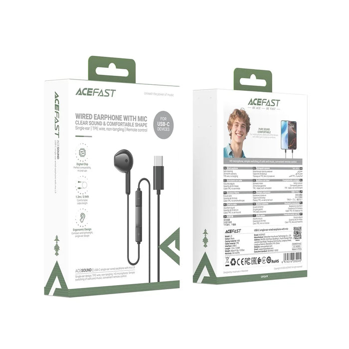 ACEFAST L9 USB-C Wired Earphones Single Ear with Mic In-Line Controls for Smartphones / Tablets - Black - 5