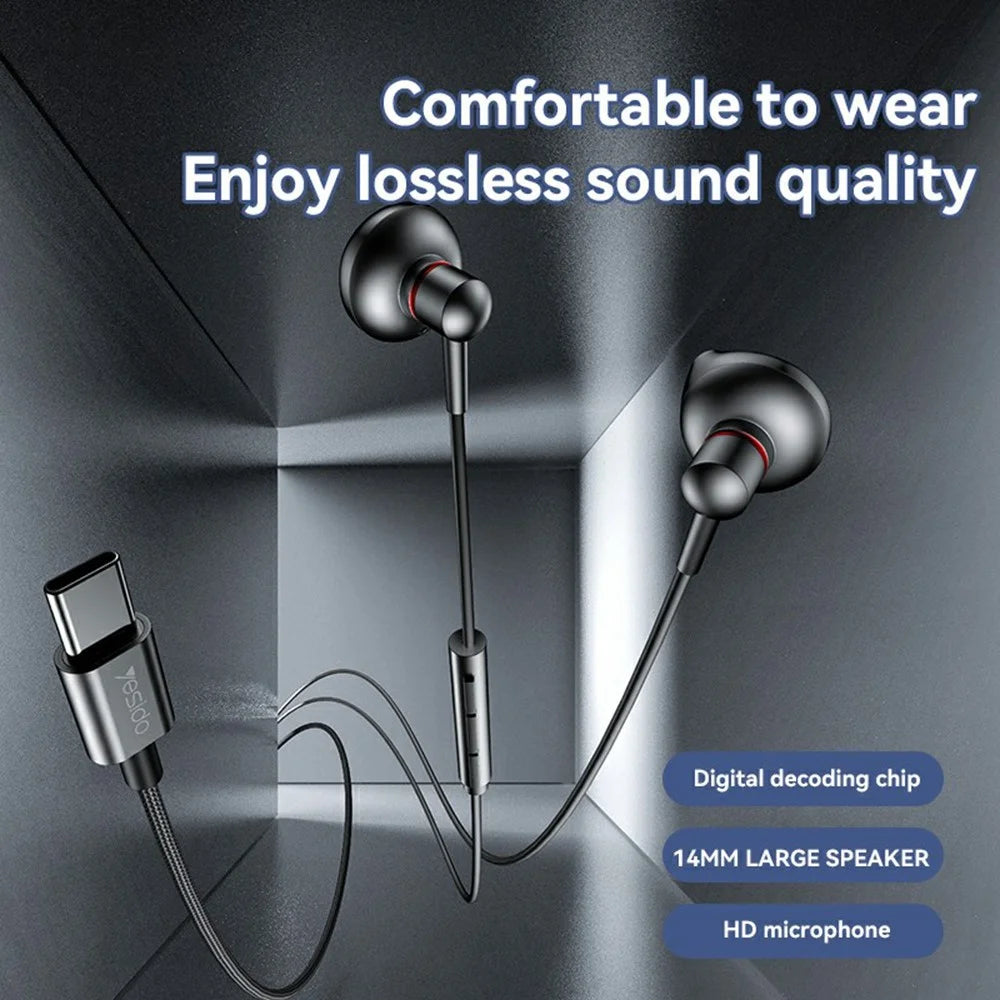 YESIDO YH49 Type-C Digital Earphones Lossless Audio Wired Earbuds for Desktop / Notebook / Tablet / Cell Phone - Black - 2