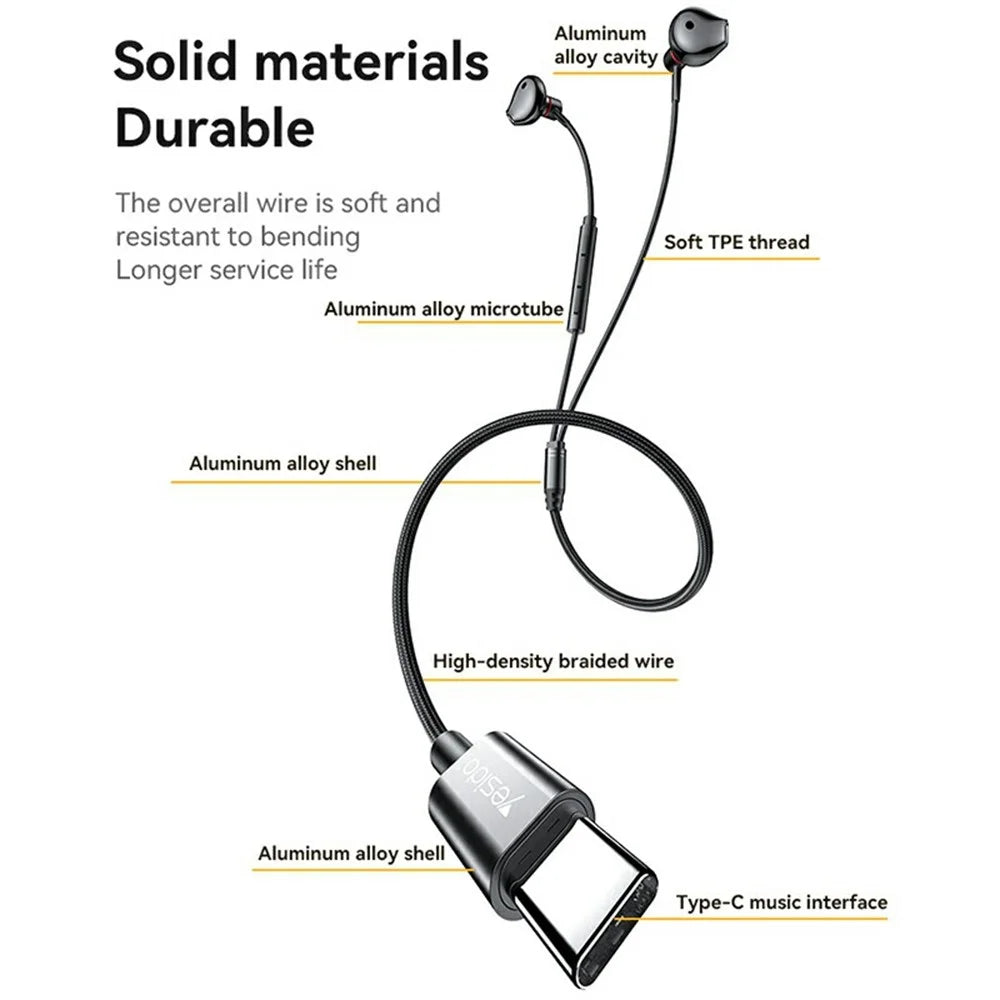 YESIDO YH49 Type-C Digital Earphones Lossless Audio Wired Earbuds for Desktop / Notebook / Tablet / Cell Phone - Black - 6
