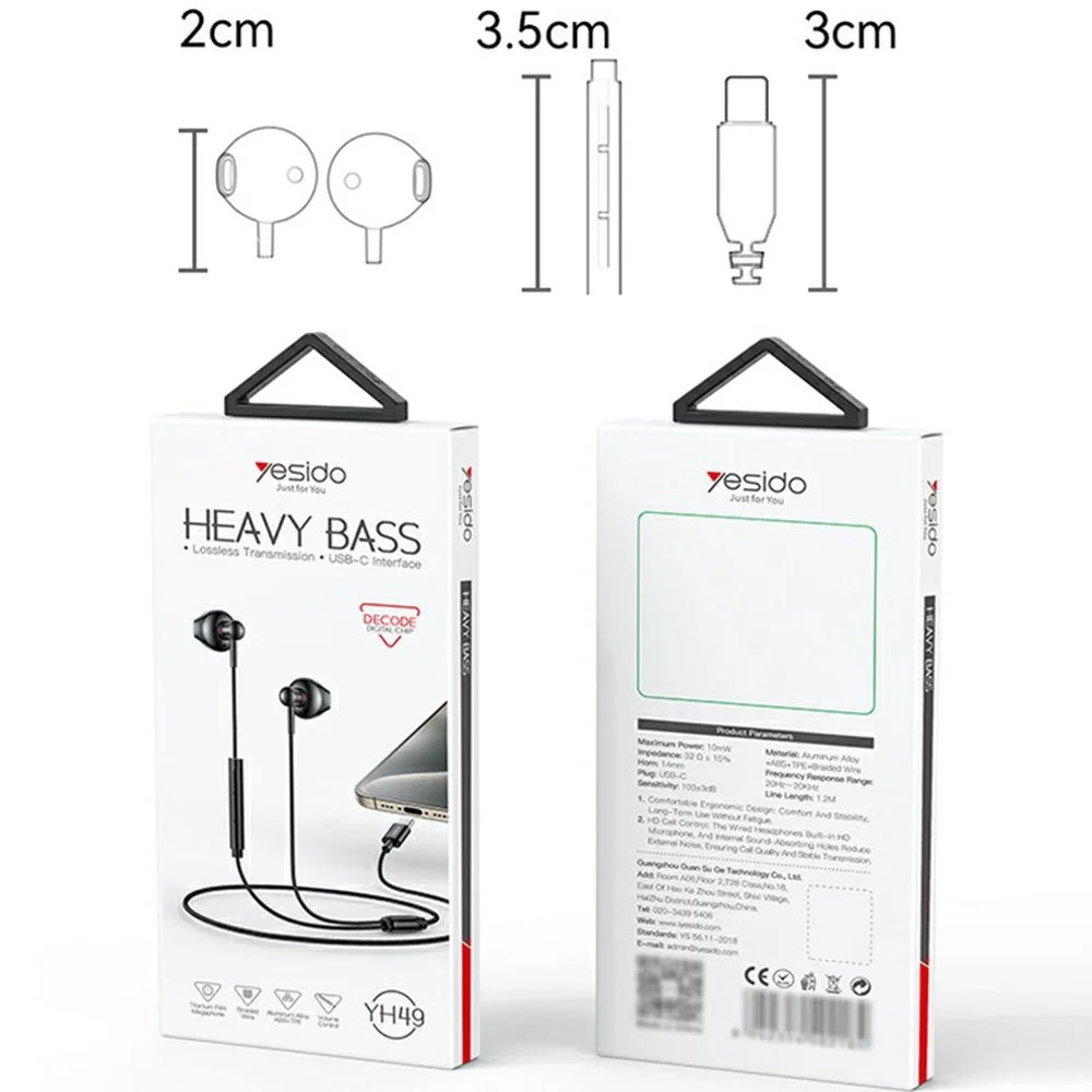 YESIDO YH49 Type-C Digital Earphones Lossless Audio Wired Earbuds for Desktop / Notebook / Tablet / Cell Phone - Black - 7