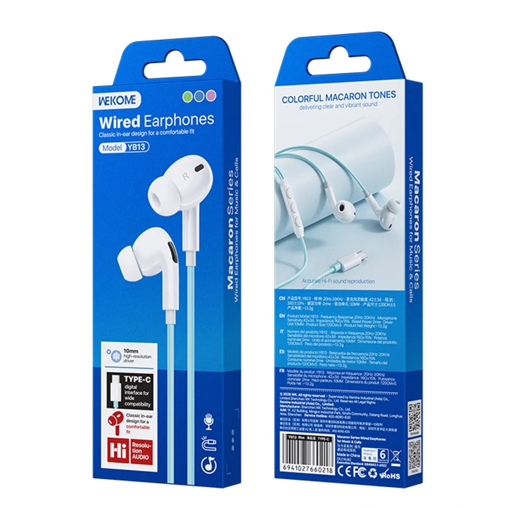 WEKOME YB13 Macaron Series Type-C Wired Earphone 10mm HiFi Sound In-Ear Headphone for Music Calls - Blue - 7