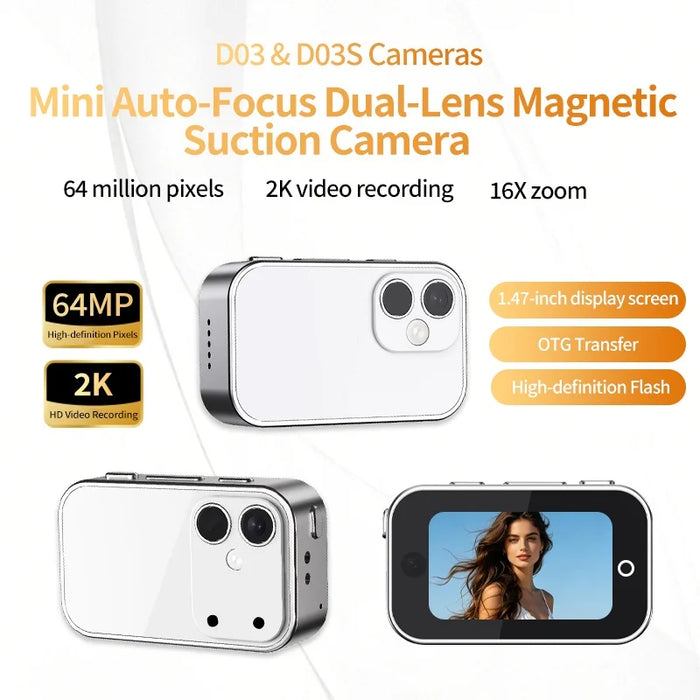 D03 Single Lens Magnetic Thumb Camera 2K Auto Focus 120 Degree Wide Angle 16X Zoom Pocket Camcorder for Sports - Black - 2