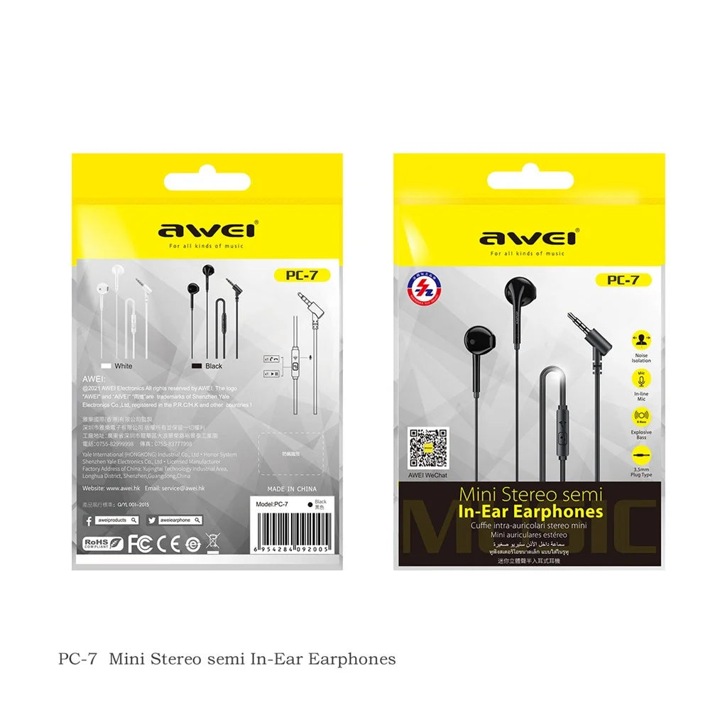 AWEI PC-7 3.5mm Wired Earphones In-ear Mobile Phone Music Headset with Mic Line Control - White - 6
