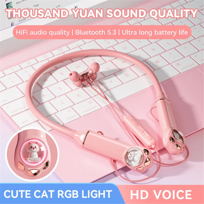 K1692 Neck-mounted Noise Canceling Bluetooth-compatible Earphone Cat Space Capsule RGB Light Wireless Headphone - Pink - 2