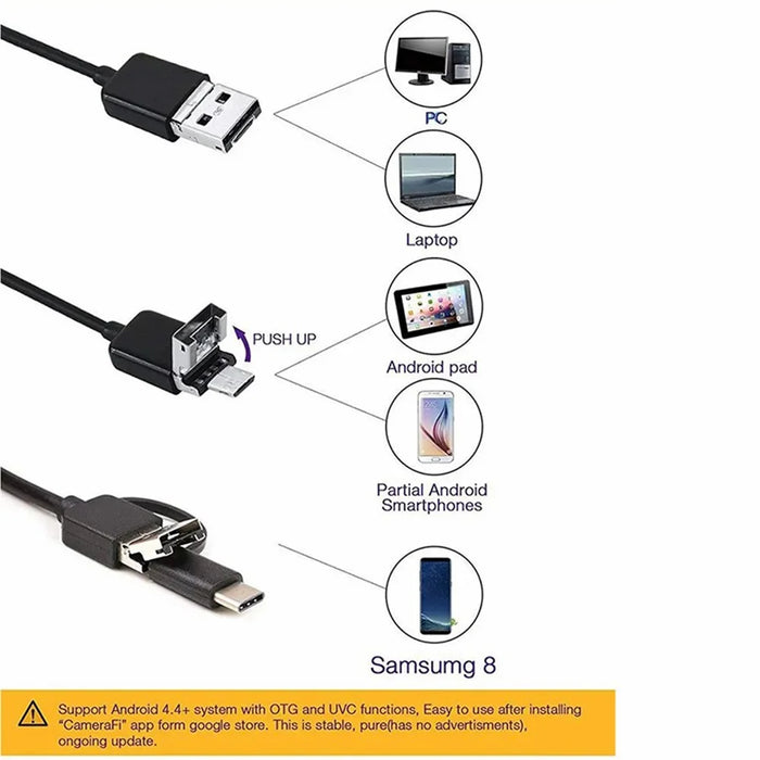 2m Wire Type-C+USB+Micro USB Endoscope Industrial Borescope Waterproof Inspection 7mm Snake Camera- Hard Wire - 5