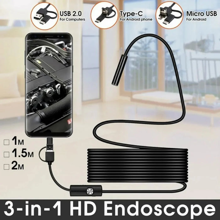 3.5m Hard Wire 3-in-1 Micro USB Endoscope Type-C 7mm Camera USB Cell Phone Endoscope Waterproof Borescope - 3