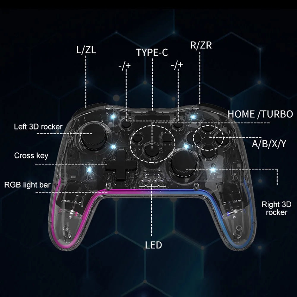 NS015 For Nintendo Switch / PS3 / PC / TV Bluetooth-compatible Gamepad GRB Light Clear Dual Vibration Game Controller - Transparent Black - 7