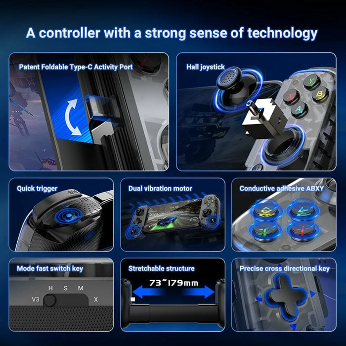 D6mini Stretching Gaming Controller with Hall Joystick Dual Mode Bluetooth-compatible Wired Gamepad for Android iOS Switch PC - Black - 3