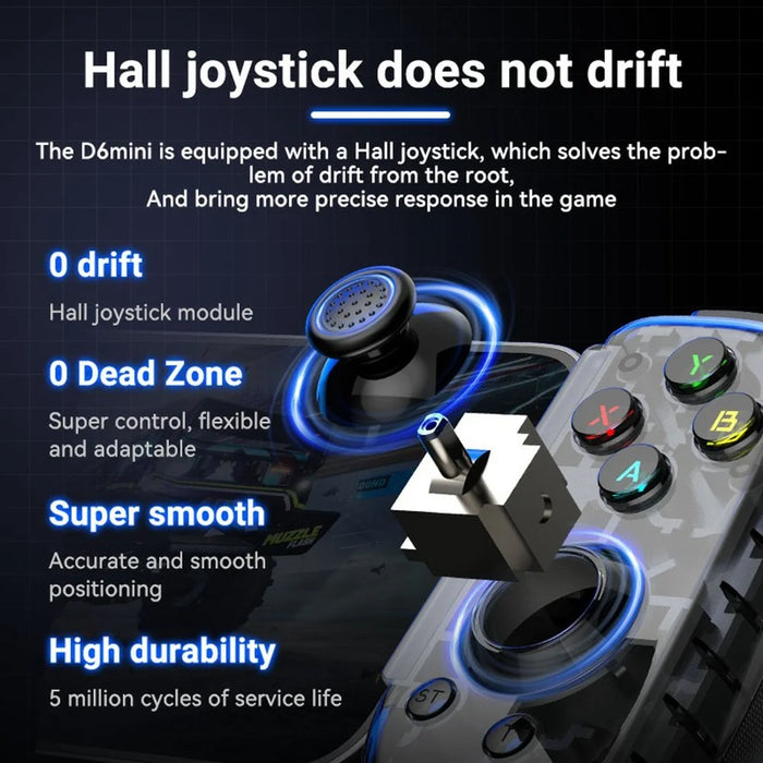 D6mini Stretching Gaming Controller with Hall Joystick Dual Mode Bluetooth-compatible Wired Gamepad for Android iOS Switch PC - Black - 7