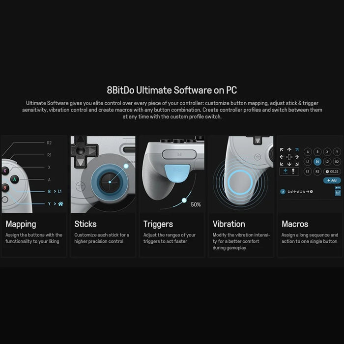 8BITDO Pro 2 Wired Controller Steam Game Console Gamepad with Modifiable Vibration for Nintendo Switch/Windows - Grey - 5