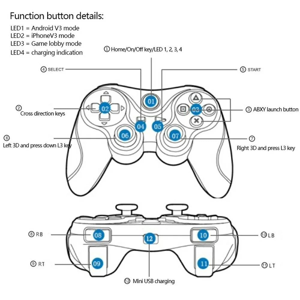 T3 Wireless Gamepad for Smartphones, Tablets - Bluetooth-compatible Controller - 4
