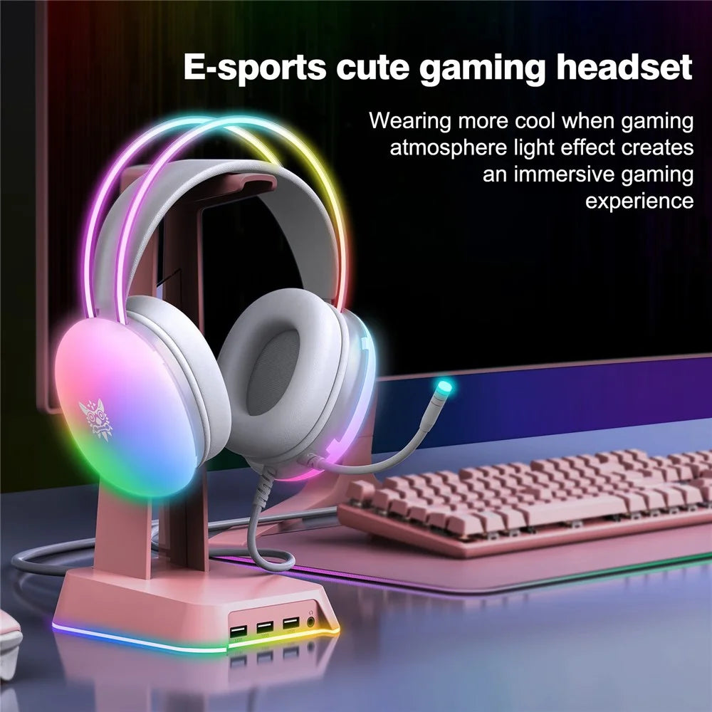 ONIKUMA X25 3.5mm+USB Wired Over-Ear E-Sports Headphone Girls Gaming Headset with RGB Light - White - 2