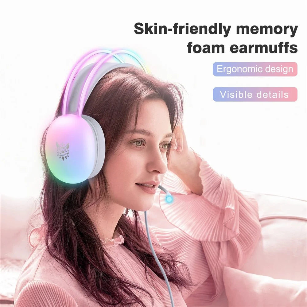 ONIKUMA X25 3.5mm+USB Wired Over-Ear E-Sports Headphone Girls Gaming Headset with RGB Light - White - 3