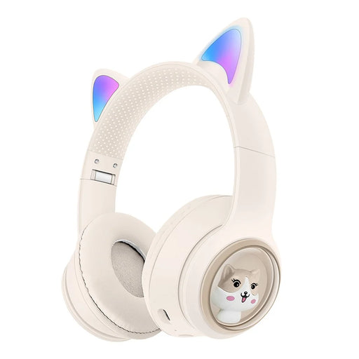 AKZ-01 Cute Cat Ear Kids Bluetooth-compatible Headphone Stereo Music Head-Mounted Headset with Colorful Light - Khaki - 1
