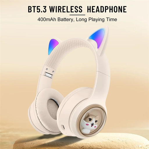 AKZ-01 Cute Cat Ear Kids Bluetooth-compatible Headphone Stereo Music Head-Mounted Headset with Colorful Light - Khaki - 2