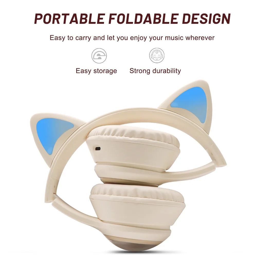 AKZ-01 Cute Cat Ear Kids Bluetooth-compatible Headphone Stereo Music Head-Mounted Headset with Colorful Light - Khaki - 3