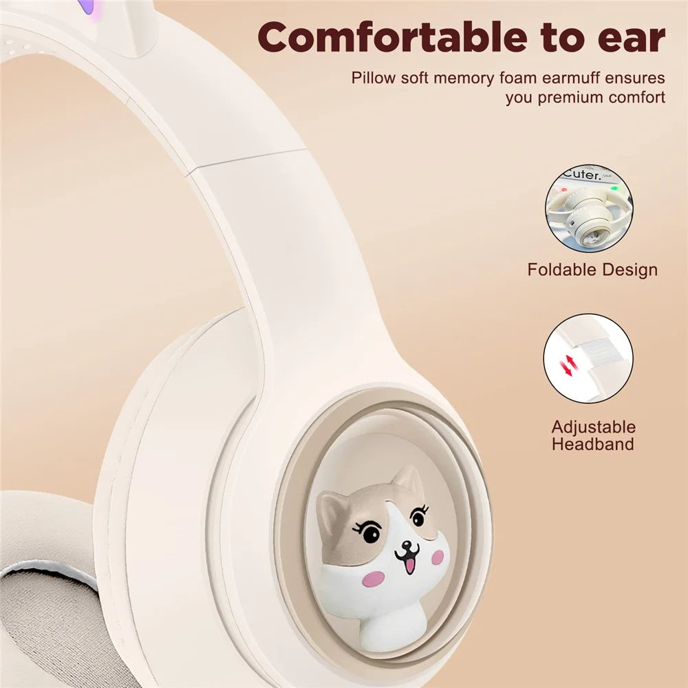 AKZ-01 Cute Cat Ear Kids Bluetooth-compatible Headphone Stereo Music Head-Mounted Headset with Colorful Light - Khaki - 5