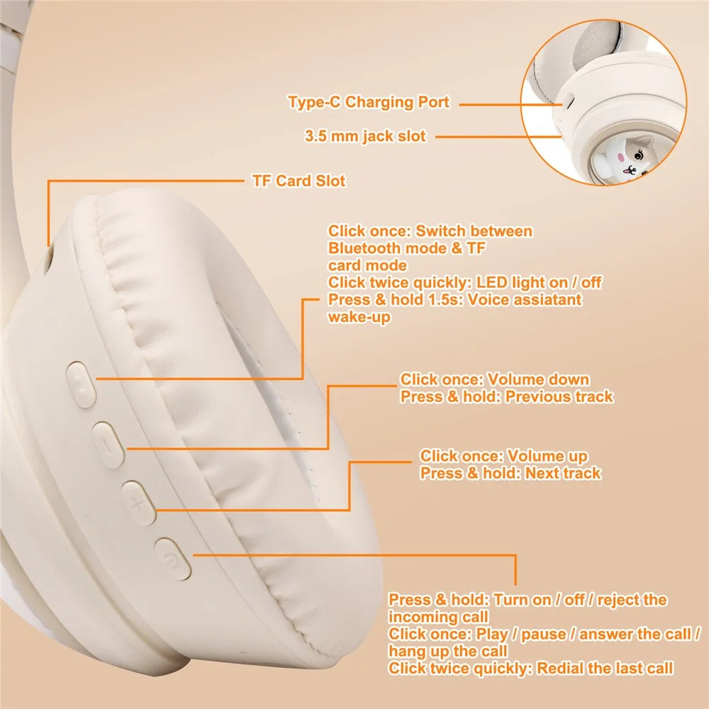 AKZ-01 Cute Cat Ear Kids Bluetooth-compatible Headphone Stereo Music Head-Mounted Headset with Colorful Light - Khaki - 6