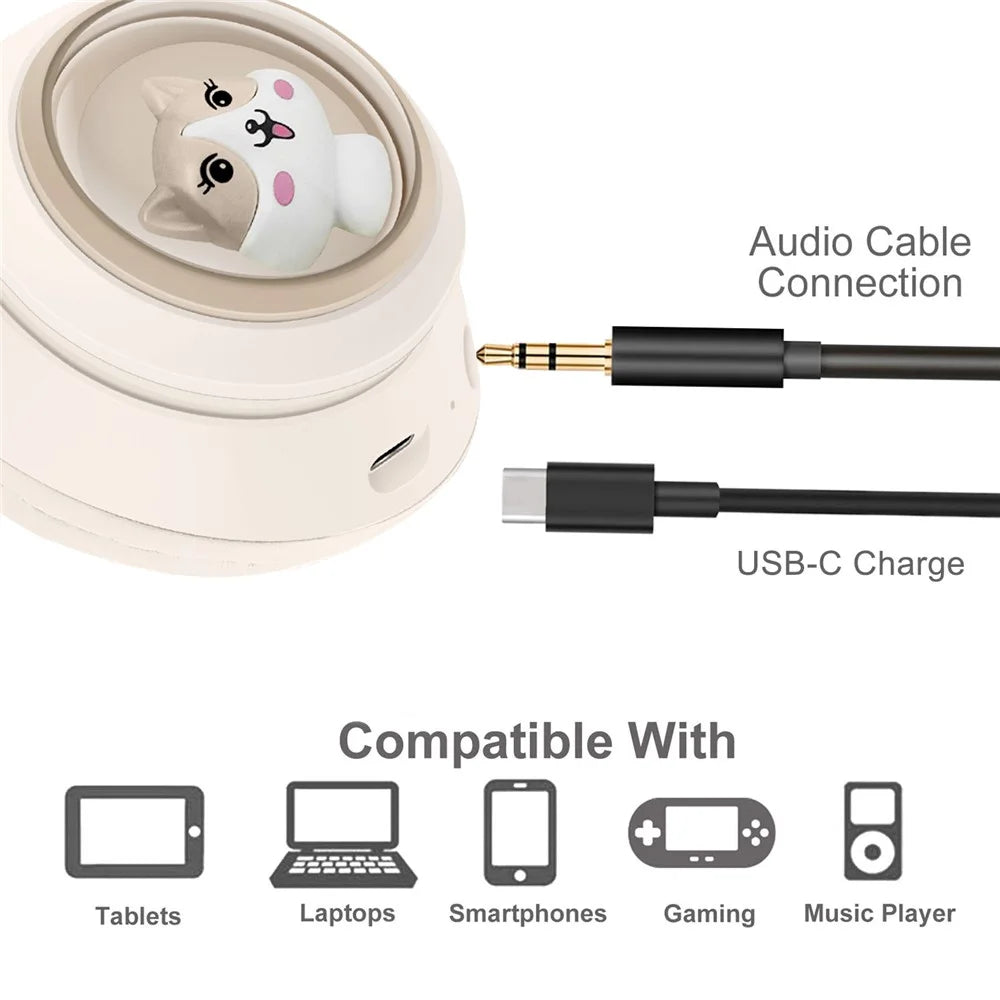 AKZ-01 Cute Cat Ear Kids Bluetooth-compatible Headphone Stereo Music Head-Mounted Headset with Colorful Light - Khaki - 7