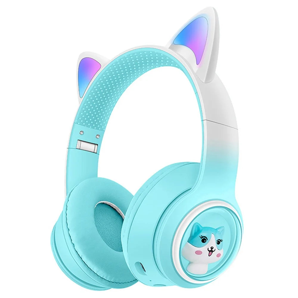 AKZ-02 Color Light Cat Ear Wireless Bluetooth-compatible Headphone Heavy Bass E-Sport Head-Mounted Headset - Gradient Sky Blue - 1