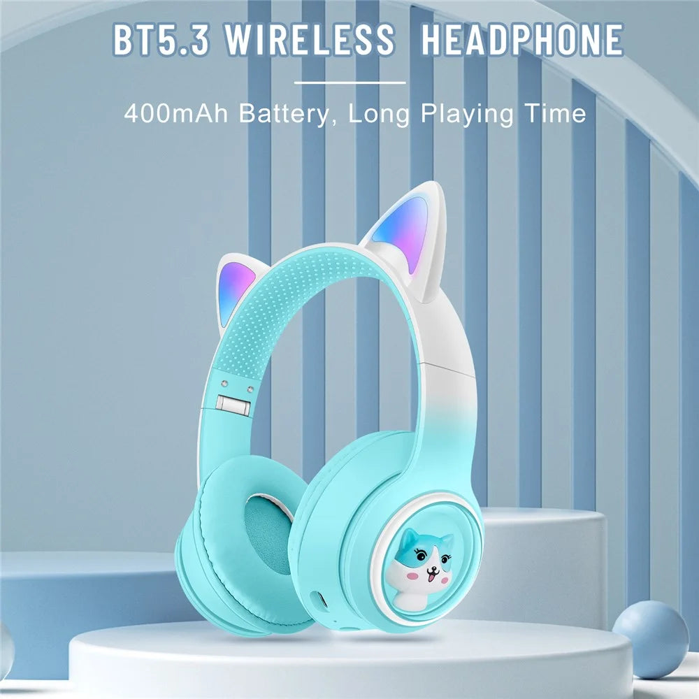 AKZ-02 Color Light Cat Ear Wireless Bluetooth-compatible Headphone Heavy Bass E-Sport Head-Mounted Headset - Gradient Sky Blue - 2