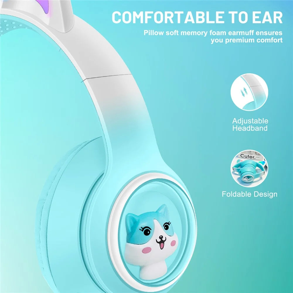 AKZ-02 Color Light Cat Ear Wireless Bluetooth-compatible Headphone Heavy Bass E-Sport Head-Mounted Headset - Gradient Sky Blue - 4